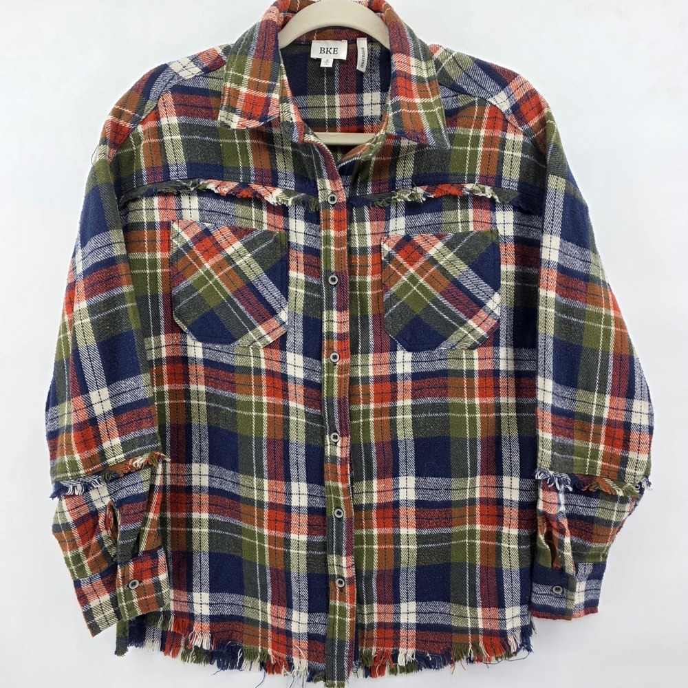 BKE small Boyfriend Plaid‎ Flannel Shirt Distressed Fringed Button Up oversized